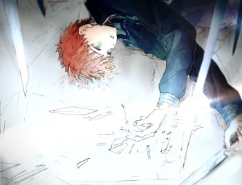 Rule 34 | 1boy, emiya shirou, fate/stay night, fate (series), highres, holding, holding sword, holding weapon, jacket, male focus, messy hair, multiple swords, on floor, sksk sn09, solo, spiked hair, sword, unlimited blade works (reality marble), weapon