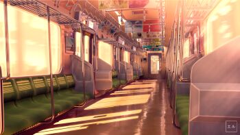 3d artist_name eru_(erutwd) hand_grip highres no_humans original scenery sunlight sunset train train_interior window