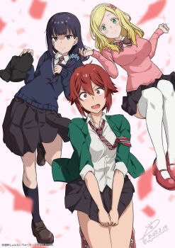 3girls aizawa_tomo bike_shorts black_eyes black_hair black_shorts black_skirt black_socks blazer blonde_hair blue_cardigan blue_scrunchie blush bowtie breasts brown_shoes cardigan carol_olston closed_mouth collared_shirt commentary_request confetti copyright_notice dated diagonal-striped_bow diagonal-striped_bowtie diagonal-striped_clothes diagonal-striped_necktie esw_artca green_eyes green_jacket gundou_misuzu hair_between_eyes hair_ornament hair_scrunchie hairband highres holding holding_unworn_clothes jacket large_breasts loafers long_hair long_sleeves looking_at_viewer mary_janes multiple_girls necktie open_clothes open_jacket open_mouth pink_background pink_cardigan pleated_skirt red_eyes red_hair red_necktie red_shoes school scrunchie shirt shoes short_hair shorts signature skirt skirt_tug sleeves_rolled_up smile socks striped_bow striped_bowtie striped_clothes thighhighs tomo-chan_wa_onna_no_ko w_arms white_hairband white_shirt white_thighhighs