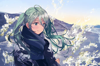 Rule 34 | 1girl, commentary request, fly (marguerite), green hair, hair between eyes, hatsune miku, japanese clothes, kimono, long hair, outdoors, scarf, smile, solo, sunrise, twintails, upper body, vocaloid