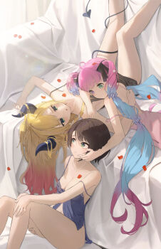 3girls absurdres ahoge alternate_costume babydoll black_chemise black_horns blonde_hair blue_babydoll blue_hair breasts brown_hair chemise demon_girl demon_horns demon_tail front_slit gradient_hair green_eyes hair_ribbon heterochromia highres himemori_luna hololive horn_ornament horn_ring horns indoors isolatediev large_breasts long_hair looking_at_another lying medium_breasts multicolored_hair multiple_girls navel nightgown on_back on_bed on_stomach oozora_subaru pink_hair pink_nightgown pointy_ears purple_eyes ribbon short_hair single_sidelock sitting sleepwear strap_slip subachocolunatan_(hololive) swept_bangs tail tress_ribbon twintails very_long_hair virtual_youtuber wavy_hair yuzuki_choco