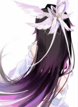 Rule 34 | 1girl, absurdres, bare shoulders, black hair, colored inner hair, columbina (genshin impact), dress, facing away, genshin impact, hair ornament, highres, long hair, multicolored hair, purple hair, sa 3987, simple background, solo, very long hair, white background, white dress, wing hair ornament
