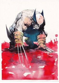1boy arm_hair beard chest_hair claw_(weapon) commentary english_commentary facial_hair itoscaresme male_focus marvel muscular muscular_male scar scars_all_over solo superhero_costume too_many weapon wolverine_(x-men) x-men