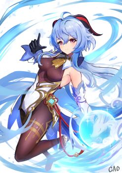 1girl bare_shoulders bell black_gloves blue_hair blush bodystocking breasts commentary_request detached_sleeves dress ganyu_(genshin_impact) gao_kawa genshin_impact gloves goat_horns highres horns large_breasts ponytail purple_eyes solo white_dress