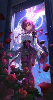 1girl absurdres belt black_background black_belt black_jacket black_skirt breasts chest_harness closed_mouth collared_jacket collared_shirt commentary daby english_commentary eyewear_on_head falling_petals feet_out_of_frame flower glasses hair_between_eyes harness high-waist_skirt highres holding holding_flower honkai:_star_rail honkai_(series) indoors jacket kafka_(honkai:_star_rail) large_breasts leaf long_hair long_sleeves looking_at_viewer multiple_belts pantyhose petals pince-nez purple-tinted_eyewear purple_eyes purple_hair purple_pantyhose red_flower red_petals red_rose rose round_eyewear shirt sidelocks skirt smile solo standing sunglasses tinted_eyewear white_shirt window