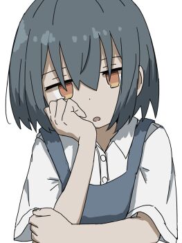 Rule 34 | 1girl, bad id, bad twitter id, buttons, collared shirt, dot nose, grey hair, highres, jitome, no pupils, open mouth, orange eyes, original, shirt, short sleeves, simple background, solo, upper body, white background, white shirt, zatsuplot