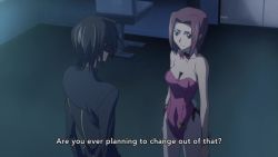 1boy 1girl animated anime_screenshot bare_shoulders between_breasts black_hair black_jacket blue_eyes blush breasts cleavage close-up code_geass collarbone covering_privates covering_breasts embarrassed highle highleg highleg_leotard highres jacket kouzuki_kallen large_breasts lelouch_vi_britannia leotard long_sleeves neckerchief no_bra pantyhose pink_leotard pink_pantyhose playboy_bunny red_hair school_uniform short_hair sound subtitled video wrist_cuffs