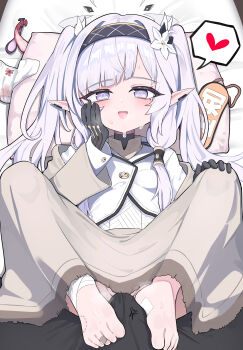 1boy 1girl absurdres aged_down alternate_hairstyle anger_vein bandaged_chest bandaid bandaid_on_foot barefoot black_gloves black_hairband blood blood_on_clothes blue_archive blush bow bow_panties bulge condom ear_piercing erection erection_under_clothes feet flat_chest flower gloves grey_eyes grey_hair gro_(lee145879) hair_flower hair_ornament hair_ribbon hairband halo heart hetero highres himari_(blue_archive) jacket loli long_hair long_sleeves lying menstruation mole mole_under_eye on_back on_bed panties piercing pillow pointy_ears pov ribbon skirt solo_focus spoken_heart sweat twintails underwear unworn_panties used_condom white_flower white_panties white_ribbon