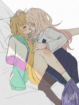 2girls arms_behind_back between_legs black_pantyhose blonde_hair blue_skirt blush closed_eyes commentary_request fujita_kotone gakuen_idolmaster hand_on_another's_head hand_on_another's_knee haniwa_hayate highres hood hoodie idolmaster juo_sena long_hair multicolored_hoodie multiple_girls on_bed pantyhose pink_streaks pleated_skirt shirt skirt skirt_around_one_ankle sweat yellow_shirt yuri