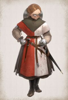 1girl absurdres armor belt blood blood_on_clothes blood_on_face blue_eyes boots brown_hair commentary dirty dried_blood emmelot_(wassnonnam) english_commentary forehead gambeson gauntlets highres ordo_mediare_sisters_(ironlily) original scabbard sheath short_hair simple_background sword tagme wass_nonnam weapon white_background