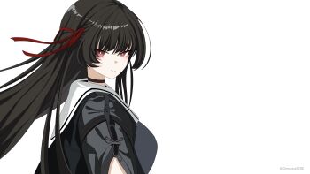 1girl absurdres black_choker black_hair black_jacket black_shirt breasts chimaera_scre chisa_(wuthering_waves) choker closed_mouth commentary english_commentary from_side hair_ribbon highres jacket long_hair looking_at_viewer looking_to_the_side medium_breasts red_eyes red_ribbon ribbon sailor_collar shirt simple_background smile solo upper_body white_background white_sailor_collar wuthering_waves