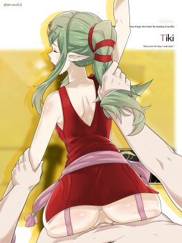 1boy 1girl absurdres ass atramada closed_eyes english_text fire_emblem fire_emblem_awakening from_behind grabbing_another's_hair green_hair highres holding_another's_hair nintendo open_mouth pointy_ears ponytail pov sex tiki_(adult)_(fire_emblem) tiki_(fire_emblem) vaginal