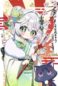 1girl alternate_costume arrow_(projectile) black_cat black_sash blush cat closed_mouth commentary_request cross-shaped_pupils floral_print floral_print_kimono genshin_impact gradient_hair green_eyes green_hair green_kimono hair_between_eyes hair_bun hair_ornament hamaya highres holding holding_arrow japanese_clothes kimono leaf_hair_ornament long_hair looking_at_viewer multicolored_hair nahida_(genshin_impact) obi oishii_sasa pointy_ears print_kimono sash scaramouche_(cat)_(genshin_impact) scaramouche_(genshin_impact) signature smile solo symbol-shaped_pupils translation_request upper_body white_hair