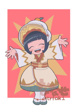 1girl :d black_hair blush closed_eyes commentary_request dress facing_viewer full_body green_sandals happy hat highres long_sleeves nanase_(trfok1) nintendo official_alternate_costume open_mouth pokemon pokemon_masters_ex poppy_(new_year's_2025)_(pokemon) poppy_(pokemon) sandals short_hair smile socks solo spread_fingers standing teeth upper_teeth_only white_hat white_socks wide_sleeves yellow_dress