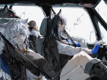 2girls animal_ears arknights arm_rest arms_behind_head arms_up black_hair bullet_hole car car_interior coat coat_on_shoulders commentary_request crossed_legs driving emperor_(arknights) extra_ears fingerless_gloves gloves highres jewelry lappland_(arknights) lappland_(refined_horrormare)_(arknights) messy_hair motor_vehicle multiple_girls mutomorokoshi necklace necktie red_eyes seatbelt sideways_glance skull_necklace texas_(arknights) texas_the_omertosa_(arknights) white_hair wolf