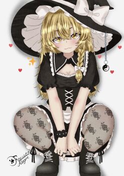 1girl apron black_dress black_skirt blonde_hair blush boots bow braid breasts cleavage corset dress drop_shadow frilled_hat frills full_body glitched_satellite hair_between_eyes hair_bow hair_ribbon hat hat_bow head_tilt heart highres kirisame_marisa long_hair looking_at_viewer medium_breasts petticoat ribbon see-through_clothes see-through_legwear signature simple_background single_braid skirt solo sparkle squatting thighhighs touhou tress_ribbon unmoving_pattern waist_apron white_apron white_background white_bow witch_hat yellow_eyes yin_yang