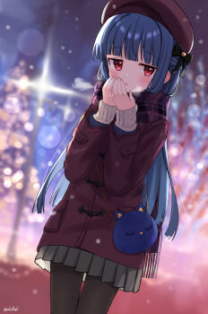 1girl :o animal_bag bag black_pantyhose blue_hair blunt_bangs blurry blurry_background blush braid breathing_on_hands brown_coat brown_scarf coat commentary cowboy_shot depth_of_field eluthel fringe_trim grey_skirt hands_up highres idolmaster idolmaster_cinderella_girls long_hair long_sleeves looking_at_viewer night outdoors own_hands_together pantyhose parted_lips plaid_clothes plaid_scarf pleated_skirt red_eyes redrawn sajo_yukimi scarf shoulder_bag skirt sleeves_past_wrists snowing solo standing symbol-only_commentary twitter_username very_long_hair