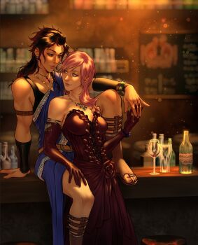 2girls alcohol bar_(place) bar_stool black_hair bottle commentary counter cup dress drinking_glass elbow_gloves eye_contact final_fantasy final_fantasy_xiii gloves highres holding_hands indoors lightning_farron lightning_returns:_final_fantasy_xiii liquor looking_at_another multiple_boys multiple_girls muscular muscular_female oerba_yun_fang official_alternate_costume pink_hair purple_dress stool untranslatable_commentary valentina_tavolilla yuri