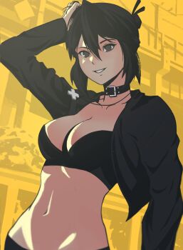 Rule 34 | 1girl, absurdres, black bra, black choker, black hair, black jacket, borrowed character, bra, breasts, choker, cleavage, cropped jacket, hair between eyes, highres, jacket, jewelry, lem, lucia (scott malin), medium breasts, medium hair, midriff, navel, necklace, open clothes, open jacket, original, parted lips, smile, solo, strapless, strapless bra, underwear, upper body, yellow background