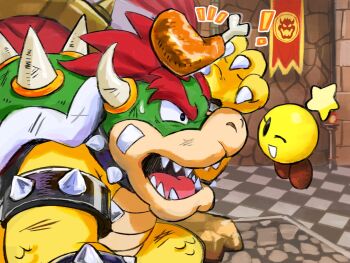 ! 1boy 1girl ^^^ armlet bandages banner beaten bone bowser bowser_logo bracelet brown_shoes checkered_floor collar colored_skin commentary food green_skin highres horns jewelry mario_&amp;_luigi_rpg mario_(series) meat multicolored_skin nintendo no_humans one_eye_closed open_mouth shoes smile spiked_armlet spiked_bracelet spiked_collar spiked_shell spikes star_(symbol) starlow symbol-only_commentary teeth turtle_shell yamari_(ya_mari_6363) yellow_scales yellow_skin