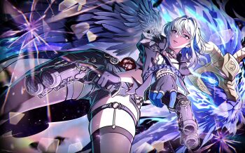 1girl absurdres black_jacket black_pantyhose black_shorts black_thighhighs black_wings chimera_(wuthering_waves) commentary crossed_arms dual_wielding feathered_wings galbrena_(wuthering_waves) gold_choker grey_hair gun hair_between_eyes highres holding holding_gun holding_weapon jacket mole mole_on_neck pantyhose parted_lips purple_eyes shorts single_leg_pantyhose single_thighhigh single_wing soon_(yjwx8242) tacet_discord_(wuthering_waves) thigh_strap thighhighs thighs weapon wings wuthering_waves