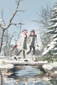 Rule 34 | 2girls, absurdres, artist request, bang dream!, bang dream! it's mygo!!!!!, bare tree, beanie, beret, black boots, black gloves, black hat, black pants, black pantyhose, black sweater, blue eyes, boots, brown hair, chihaya anon, closed mouth, coat, commentary, commission, day, dress, english commentary, fingerless gloves, fur-trimmed hood, fur-trimmed sleeves, fur trim, gloves, grey dress, grey eyes, grey hat, hat, highres, holding hands, hood, interlocked fingers, jacket, leg warmers, long hair, long sleeves, multiple girls, nagasaki soyo, open mouth, outdoors, pants, pantyhose, pink hair, profile, red scarf, reflection, reflective liquid, scarf, second-party source, sky, smile, snow, standing, sweater, tree, walking, water, white coat, white jacket, winter, winter clothes