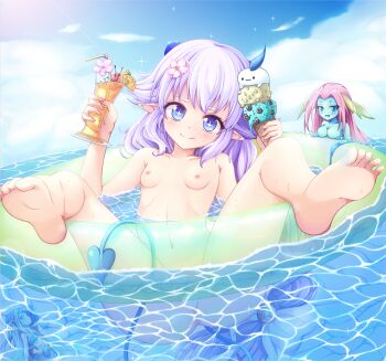 Rule 34 | 1girl, buoy, c-rabbit, chilling hedgehog (elsword), cloud, collarbone, day, demon girl, demon horns, demon tail, drink, elsword, floating, flower, food, hair flower, hair ornament, horns, ice cream, ice cream cone, innertube, iz (elsword), laguz (elsword), licking lips, luciela r. sourcream, navel, nude, sky, sparkle, star-shaped pupils, star (symbol), sunlight, swim ring, symbol-shaped pupils, tail, tongue, tongue out, water