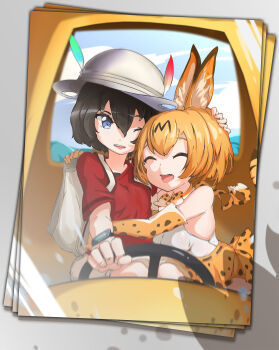 2girls animal_ears animal_print bag black_hair blonde_hair blue_eyes blue_sky blurry blurry_background blurry_foreground bow bowtie breasts car_interior closed_eyes commentary_request dot_nose fang hair_between_eyes hair_ornament hat hat_feather head_hug highres holding_steering_wheel kaban_(kemono_friends) kemono_friends leopard_print looking_at_viewer medium_breasts multiple_girls neck_ribbon one_eye_closed open_mouth photo_(object) red_shirt renze_l ribbon serval_(kemono_friends) shirt short_hair skirt sky small_breasts teeth upper_body upper_teeth_only watch water white_hat white_shirt wristwatch yellow_bow yellow_bowtie yellow_ribbon yellow_skirt