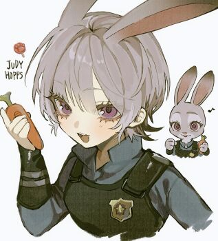 1girl animal_ears breasts carrot commentary_request furry furry_female grey_fur grey_hair highres humanization judy_hopps long_sleeves looking_at_viewer musical_note omumeshi open_mouth police police_uniform policewoman purple_eyes rabbit_ears rabbit_girl shirt short_hair smile zootopia