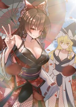 2girls absurdres alternate_costume black_hat black_leotard blonde_hair blush bow braid breast_envy breasts brown_eyes brown_hair closed_mouth commentary_request day falling_leaves fishnet_thighhighs fishnets floral_print frilled_bow frilled_hair_tubes frills hair_bow hair_tubes hakurei_reimu hat hat_bow highres japanese_clothes kimono kirisame_marisa large_breasts leaf leotard long_hair looking_at_viewer multiple_girls obi oil-paper_umbrella print_kimono red_bow red_kimono ribbon-trimmed_sleeves ribbon_trim ring_light_reflection sash side_braid single_braid small_breasts smile thighhighs tofuandsoup touhou umbrella v white_bow white_kimono witch_hat yellow_eyes