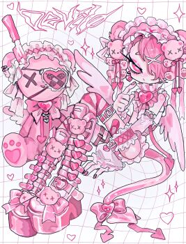 1girl :/ amatou_akuma angel_wings animal animal_ears arm_between_legs arm_warmers artist_name asymmetrical_legwear bandaid bandaid_on_knee bandaid_on_leg bare_shoulders bear_ears belt belt_buckle blood bloody_knife bloody_weapon boots bow brooch buckle charm_(object) closed_mouth collar crossed_bandaids demon_tail detached_sleeves doll ear_piercing earrings eyepatch eyeshadow fake_animal_ears feathered_wings female_focus finger_to_cheek fingernails frilled_collar frilled_leotard frilled_sleeves frilled_straps frills from_side frown full_body garter_straps hair_bow hair_ornament hair_over_one_eye hairband hairclip half-closed_eyes hand_up headdress heart heart-shaped_buckle heart_brooch heart_print highres holding holding_stuffed_toy index_finger_raised jewelry knee_boots knees_up knife legs_together leotard lolita_fashion lolita_hairband looking_at_viewer maid_headdress makeup mini_wings mismatched_legwear nail_polish one-eyed original piercing pink_arm_warmers pink_bear pink_belt pink_blood pink_boots pink_bow pink_brooch pink_buckle pink_earrings pink_eyes pink_frills pink_hair pink_headdress pink_knife pink_leotard pink_nails pink_ribbon pink_straps pink_tail pink_theme pink_thigh_strap pink_wings platform_boots platform_shoes pointy_tail ribbon short_hair shorts signature simple_background single_thighhigh sitting skull sleeveless solo sparkle striped_clothes striped_thighhighs stuffed_animal stuffed_toy stuffing tail tail_bow tail_ornament teddy_bear thighhighs weapon white_background wings x_hair_ornament x_x