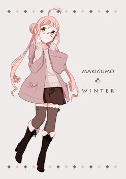 1girl ahoge alternate_costume black-framed_eyewear black_boots boots brown_eyes brown_shorts brown_thighhighs character_name commentary double_bun english_text full_body glasses grey_sweater hair_bun high_heel_boots high_heels highres jacket kantai_collection knee_boots long_hair long_sleeves makigumo_(kancolle) ojipon open_clothes open_jacket pink_hair shorts simple_background sleeves_past_wrists solo standing sweater thighhighs twintails