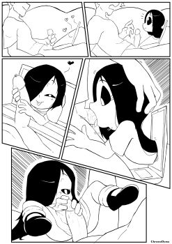 1boy 1girl ^^^ absurdres age_difference artist_name black_footwear black_hair black_sclera blush censored chromodomo colored_sclera comic computer erma father_and_daughter fellatio ghost ghost_girl hair_over_one_eye hand_on_another's_head heart hetero highres incest laptop loli long_hair looking_at_another looking_at_viewer male_masturbation mary_janes masturbation monochrome mosaic_censoring multiple_views oral panels penis penis_grab shoes short_sleeves smile spread_legs tongue tongue_out white_eyes