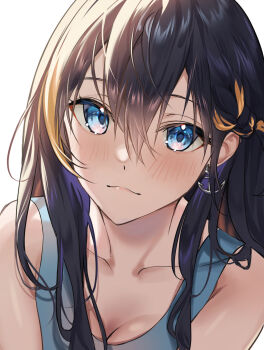 1girl anchor_earrings bare_shoulders black_hair blonde_hair blonde_streaks blue_eyes braid breasts cleavage collarbone commentary_request earrings hair_between_eyes highres hitsuji_(sheep_tamura) jewelry long_hair looking_at_viewer multicolored_hair nijisanji nijisanji_en official_alternate_hairstyle petra_gurin portrait side_braid sidelighting solo streaked_hair tank_top two-tone_hair virtual_youtuber white_background