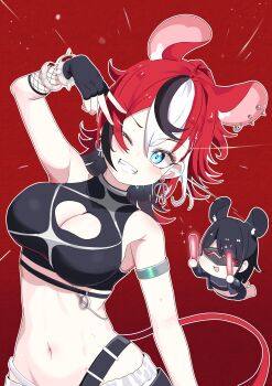 2girls absurdres animal_ear_piercing animal_ears backup_dancer_(hakos_baelz) black_hair blue_eyes breasts cafelittle cleavage cleavage_cutout clothing_cutout commentary_request ear_piercing hakos_baelz hakos_baelz_(monochrome_dancer) highres hololive hololive_english large_breasts long_hair mouse_ears mouse_girl mouse_tail multicolored_hair multiple_girls navel official_alternate_costume one_eye_closed outline piercing red_hair solo_focus streaked_hair tail virtual_youtuber white_hair white_outline