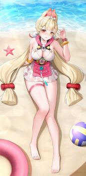 1girl absurdres alice_thymefield alice_thymefield_(sea_of_thyme) animal_ears ball barefoot beach blonde_hair bracelet breasts chinese_commentary cleavage commentary_request dress feet heterochromia highres innertube jewelry large_breasts long_hair looking_at_viewer ocean official_alternate_costume outdoors rabbit_ears rabbit_girl red_eyes sand solo starfish swim_ring thigh_strap thighs toes very_long_hair volleyball_(object) white_dress yellow_eyes ying_ling zenless_zone_zero