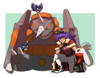 1boy baseball_cap bubble cape champion_uniform closed_mouth dark-skinned_male dark_skin dynamax_band facial_hair finger_to_mouth fur-trimmed_cape fur_trim gen_4_pokemon gen_8_pokemon gloves hat headpat highres kneeling leggings leon_(pokemon) long_hair male_focus morio_(poke_orio) nintendo notice_lines on_one_knee partially_fingerless_gloves pokemon pokemon_(creature) pokemon_swsh purple_hair raboot red_cape rhyperior rookidee shield_print shirt shoes short_shorts short_sleeves shorts shushing single_glove sleeping sword_print white_legwear white_shorts yellow_eyes zzz