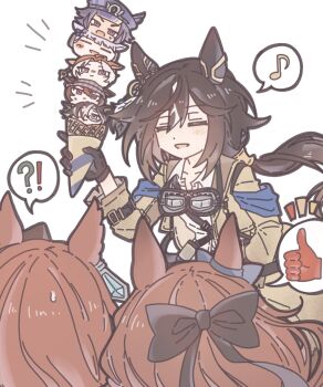 !? animal_ears black_gloves bow brown_jacket closed_eyes combat_knife dream_journey_(umamusume) ear_covers ear_ribbon ears_through_headwear expressionless fenomeno_(umamusume) food gloves goggles goggles_around_neck gold_ship_(umamusume) hair_between_eyes hair_over_one_eye hair_ribbon hat highres holding holding_ice_cream_cone horse_ears horse_girl ice_cream ice_cream_cone jacket jeokpyemaseuteo knife long_hair long_sleeves looking_at_viewer maruzensky_(umamusume) multicolored_hair musical_note nakayama_festa_(umamusume) open_clothes open_jacket open_mouth orfevre_(umamusume) ponytail ribbon simple_background spoken_musical_note spoken_thumbs_up stay_gold_(umamusume) stay_gold_clan_(umamusume) sweat symboli_rudolf_(umamusume) two-tone_hair umamusume v-shaped_eyebrows weapon white_background