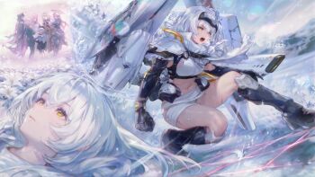 1boy 5girls absurdres armored_boots bandaged_waist bibimbub boots cloak commentary dog_tags english_commentary goddess_(nikke) goddess_of_victory:_nikke highres liliweiss_(nikke) lying mechanical_arms multiple_girls navel official_alternate_costume official_alternate_design on_back rapunzel_(nikke) rapunzel_(pure_grace)_(nikke) rigging scar scarlet_(black_shadow)_(nikke) scarlet_(nikke) single_mechanical_arm snow_white_(heavy_arms)_(nikke) snow_white_(innocent_days)_(nikke) snow_white_(nikke) the_legendary_commander_(nikke) torn_cloak torn_clothes white_cloak white_hair yellow_eyes