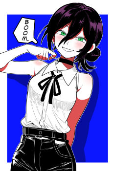 1girl black_choker black_ribbon black_shorts bollzzalguy chainsaw_man choker collared_shirt commentary_request green_eyes grenade_pin grin hair_between_eyes hair_bun highres neck_ribbon purple_hair reze_(chainsaw_man) ribbon shirt shirt_tucked_in shorts sleeveless sleeveless_shirt smile solo speech_bubble white_shirt