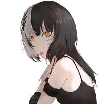 1girl :p absurdres alternate_costume bare_shoulders black_hair commentary english_commentary from_side hair_ornament hand_warmer highres hololive hololive_english kurochanai long_hair looking_at_viewer multicolored_hair shiori_novella simple_background sitting tongue tongue_out turning_head two-tone_hair virtual_youtuber white_background white_hair yellow_eyes