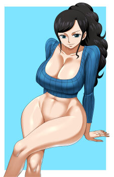 1girl absurdres bikini black_hair blue_background blue_eyes breasts crop_top highres large_breasts long_hair looking_at_viewer naughty_face nico_robin one_piece outside_border pinkpawg ponytail smile solo solo_focus swimsuit thick_thighs thighs thong thong_bikini