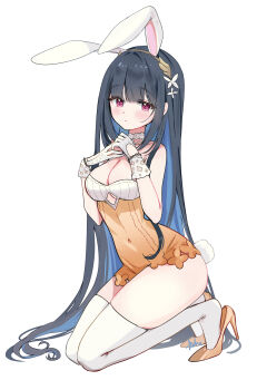 1girl absurdres animal_ear_hairband animal_ears artist_name ash_(cat7evy) bare_shoulders bead_bracelet beads black_hair blue_hair blunt_bangs blush bracelet breasts cleavage closed_mouth clothing_cutout colored_inner_hair commentary covered_navel diamond_cutout dress fake_animal_ears fake_tail gloves hair_ornament hairband hands_up high_heels highres jewelry kneeling long_hair looking_at_viewer medium_breasts multicolored_hair nazuka_(stella_sora) nontraditional_playboy_bunny orange_dress own_hands_together pink_eyes rabbit_ear_hairband rabbit_ears rabbit_tail ribbed_dress short_dress simple_background solo stella_sora symbol-shaped_pupils tail thighhighs thighs two-tone_dress underboob_cutout very_long_hair white_background white_dress white_gloves white_thighhighs