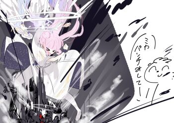 >_< 1boy 1girl :d black_scrunchie black_shoes blue_archive blush capelet commentary_request doodle_sensei_(blue_archive) dress falling hair_bun halo highres long_hair low_wings mika_(blue_archive) mira_mira_mira open_mouth pantyhose pink_hair pink_halo punching robot scrunchie sensei_(blue_archive) shoes single_hair_bun smear_frame smile speech_bubble translation_request white_capelet white_dress white_pantyhose white_wings wings wrist_scrunchie