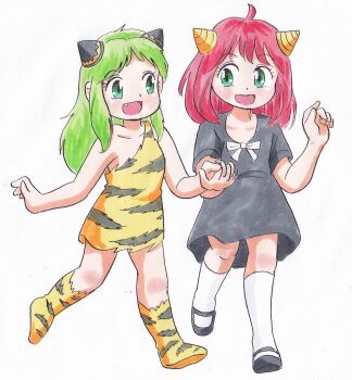 2girls ahoge animal_print anya_(spy_x_family) black_dress black_shoes blush boots bow bun_cover collarbone demon_girl demon_horns double_bun dress fang green_eyes green_hair hair_bun headwear_switch highres holding_hands horns kneehighs long_hair looking_at_another lum marup mary_janes multiple_girls oni open_mouth orange_boots orange_dress pink_hair print_boots print_dress shoes short_hair short_sleeves sleeveless sleeveless_dress smile socks spy_x_family teeth tiger_print traditional_media urusei_yatsura walking white_background white_bow white_socks