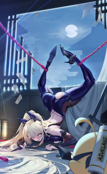 1girl absurdres architecture ass azur_lane baby_animal backless_bodysuit bird blonde_hair blue_bodysuit blue_eyes blush bodystocking bodysuit breasts chick chinese_commentary commentary_request copyright_name east_asian_architecture facial_mark full_moon furrowed_brow guam_(azur_lane) guam_(the_kunoichi&#039;s_dangerous_variety_show)_(azur_lane) heart heart_facial_mark high_heels highres holding holding_knife huang_(pixiv3580877) indoors knife kunai lantern large_breasts long_hair looking_at_viewer manjuu_(azur_lane) mechanical_ears moon night official_alternate_costume open_mouth ponytail red_rope restrained rope saliva scroll skindentation solo star-shaped_pupils star_(symbol) symbol-shaped_pupils thigh_strap tongue tongue_out top-down_bottom-up torn_bodystocking torn_bodysuit torn_clothes very_long_hair weapon window wooden_floor wooden_lantern