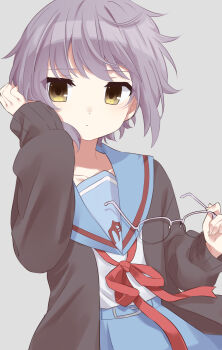 1girl absurdres brown_cardigan cardigan closed_mouth grey_background highres holding holding_removed_eyewear kita_high_school_uniform long_sleeves looking_at_viewer maronmaron nagato_yuki purple_hair red_ribbon ribbon school_uniform short_hair simple_background solo suzumiya_haruhi_no_yuuutsu unworn_eyewear upper_body wind winter_uniform yellow_eyes