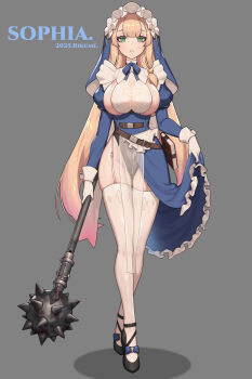 1girl 2025 absurdres belt black_leotard black_shoes blonde_hair blue_dress blue_ribbon book breasts brown_belt center-flap_bangs character_name commentary cross crossed_ankles double-parted_bangs dress english_commentary frilled_dress frills full_body garter_straps gloves gluteal_fold gradient_hair green_eyes grey_background hair_ornament highleg highleg_leotard highres holding holding_mace holding_weapon juliet_sleeves large_breasts leotard leotard_under_clothes long_hair long_sleeves looking_at_viewer mace multicolored_hair neck_ribbon nun original parted_lips pink_hair puffy_sleeves ribbon rikume shoes simple_background skirt_hold solo spiked_mace spikes standing thighhighs two-tone_hair very_long_hair weapon white_gloves white_thighhighs wrist_cuffs