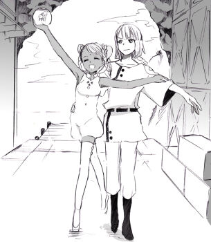 1boy 1girl arms_up bindi braid chuchumy dechimi closed_eyes fish fishbowl goldfish gundam gundam_g_no_reconguista hand_on_another's_hip klim_nick long_hair monochrome raraiya_monday smile