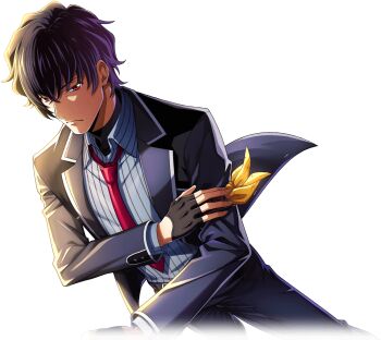 1boy black_gloves black_hair black_jacket black_pants code_geass code_geass:_lost_stories code_geass:_pule_almaria f4samurai game_cg gloves hakuba_soga jacket looking_at_viewer male_focus necktie official_art open_clothes pants red_eyes red_necktie short_hair sky solo